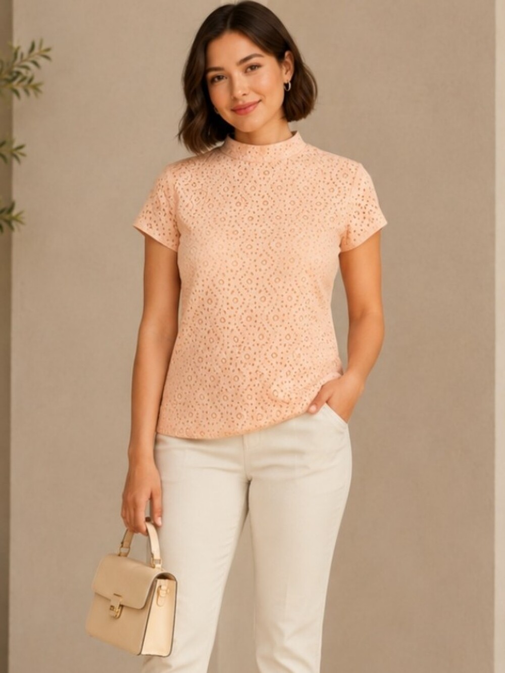 Tommy Hilfiger Pale Pink Lace Eyelet Back Zip Capped Sleeve Blouse Sz Lg